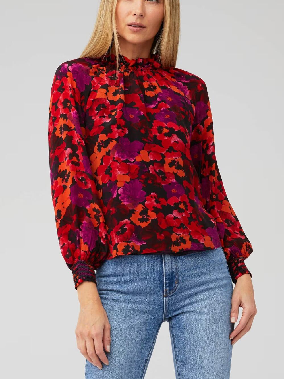 Saylor Womens Beck Top Small Red Purple Poppy Floral Long Sleeve High Neck